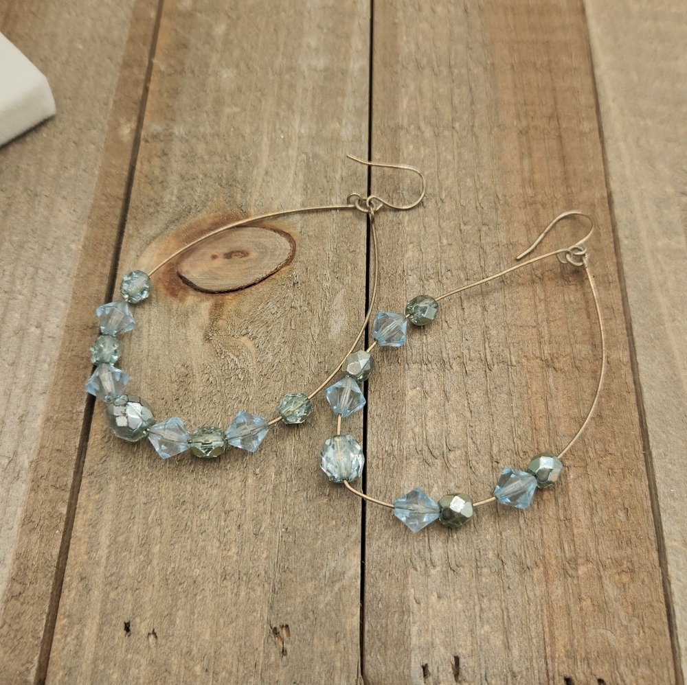 Green Beaded Hangar Earrings • Teal & Gray